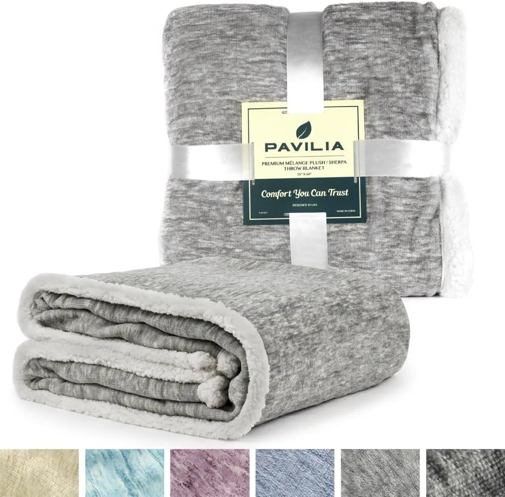 Premium Sherpa Melange Throw Blanket for Couch, Sofa by Pavilia | Soft, Fluffy, Plush, Warm, Cozy | Light Gray Fuzzy Lightweight Microfiber, Luxury Modern Reversible TV Blanket | 50 x 60 Inches