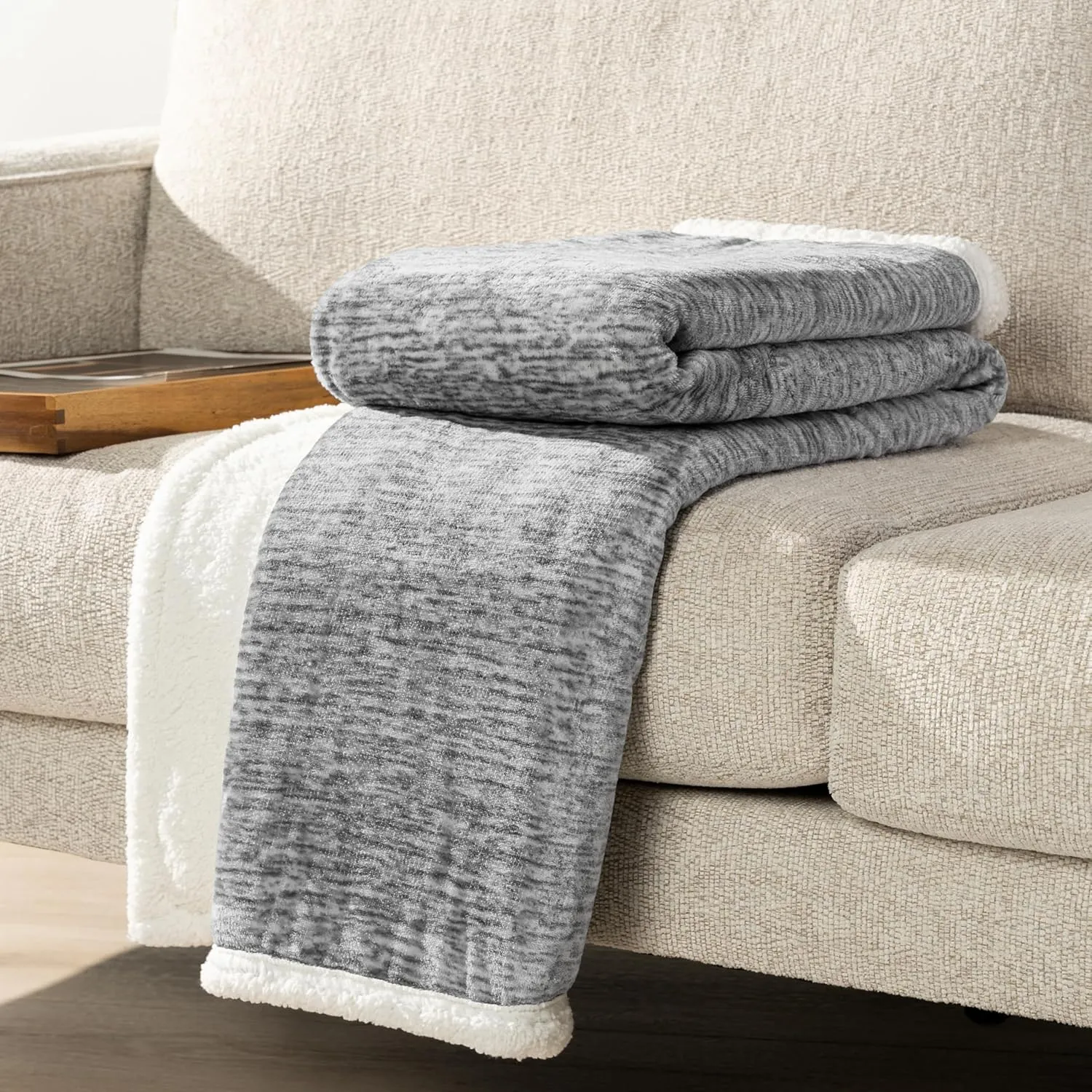 Premium Sherpa Melange Throw Blanket for Couch, Sofa by Pavilia | Soft, Fluffy, Plush, Warm, Cozy | Light Gray Fuzzy Lightweight Microfiber, Luxury Modern Reversible TV Blanket | 50 x 60 Inches