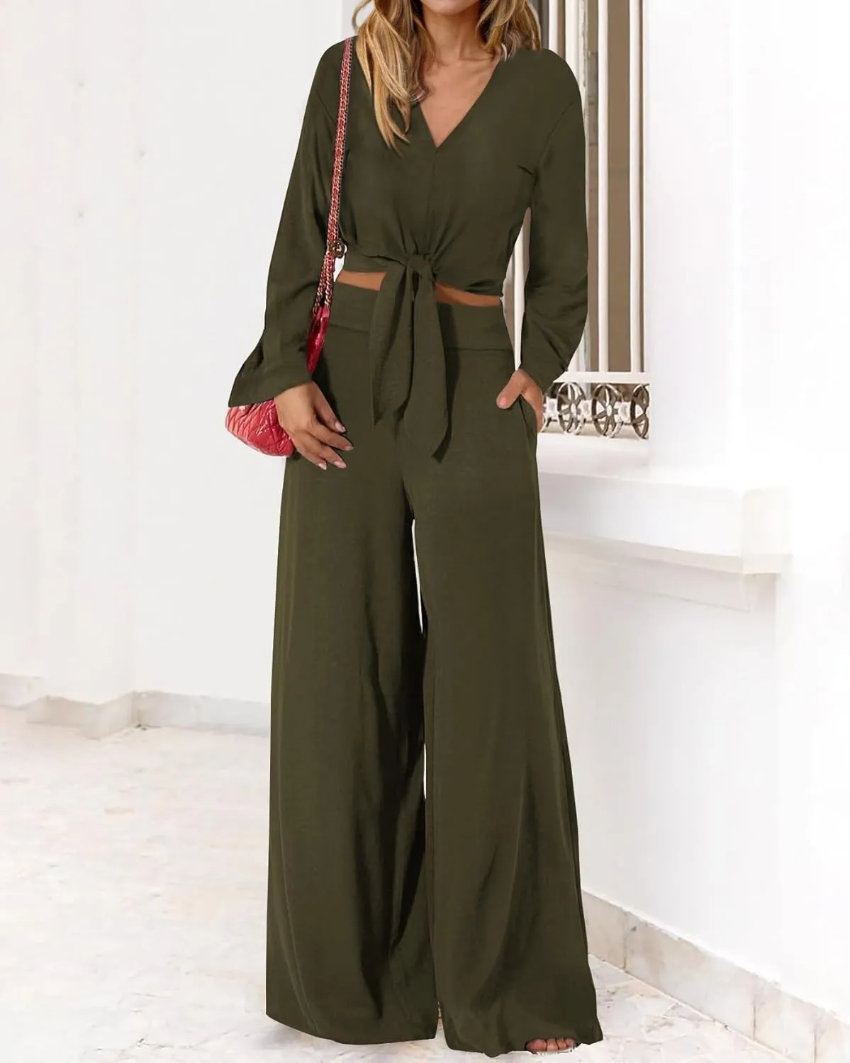 PRETTYGARDEN Women's 2 Piece Outfits 2025 Spring Casual V Neck Long Sleeve Strappy Crop Top Wide Leg Palazzo Pant Sets