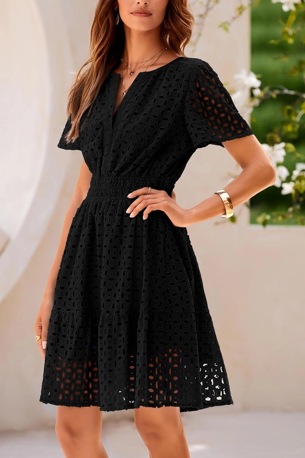 PRETTYGARDEN 2025 Women Summer Short Dress V Neck Short Sleeve A Line Hollow Out Lace Ruffle Cute Casual Beach Party Dresses