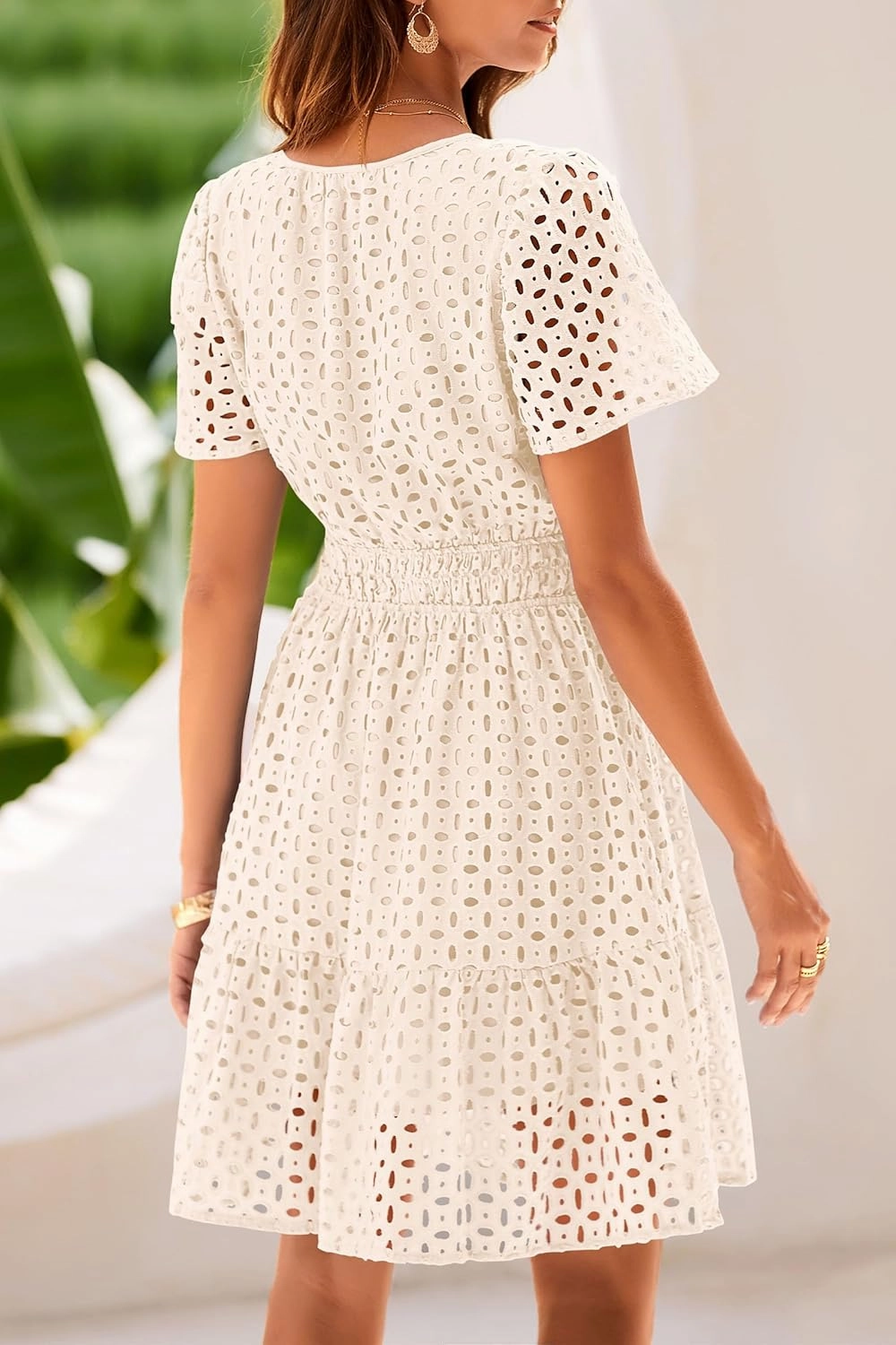 PRETTYGARDEN 2025 Women Summer Short Dress V Neck Short Sleeve A Line Hollow Out Lace Ruffle Cute Casual Beach Party Dresses