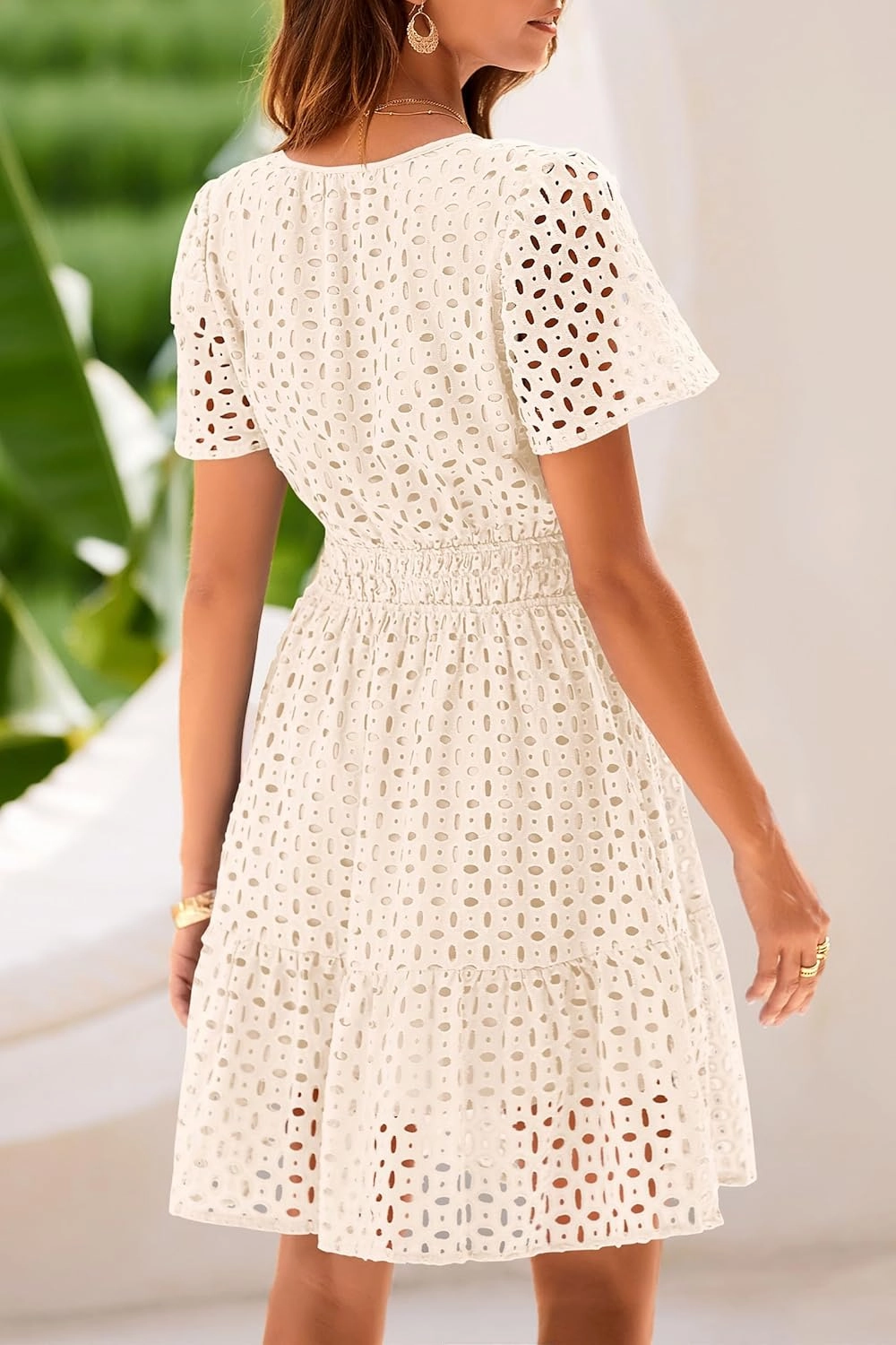 PRETTYGARDEN 2025 Women Summer Short Dress V Neck Short Sleeve A Line Hollow Out Lace Ruffle Cute Casual Beach Party Dresses