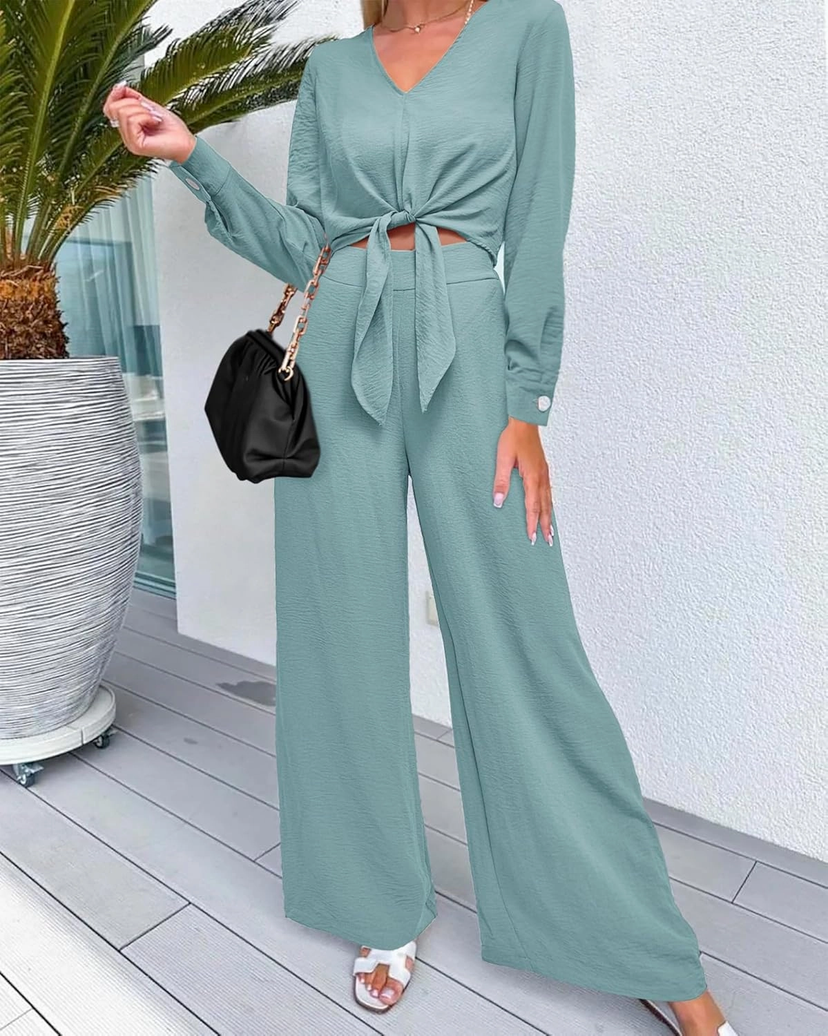 PRETTYGARDEN Women's 2 Piece Outfits 2025 Spring Casual V Neck Long Sleeve Strappy Crop Top Wide Leg Palazzo Pant Sets