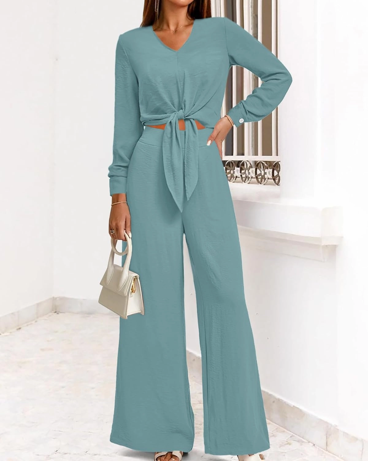 PRETTYGARDEN Women's 2 Piece Outfits 2025 Spring Casual V Neck Long Sleeve Strappy Crop Top Wide Leg Palazzo Pant Sets