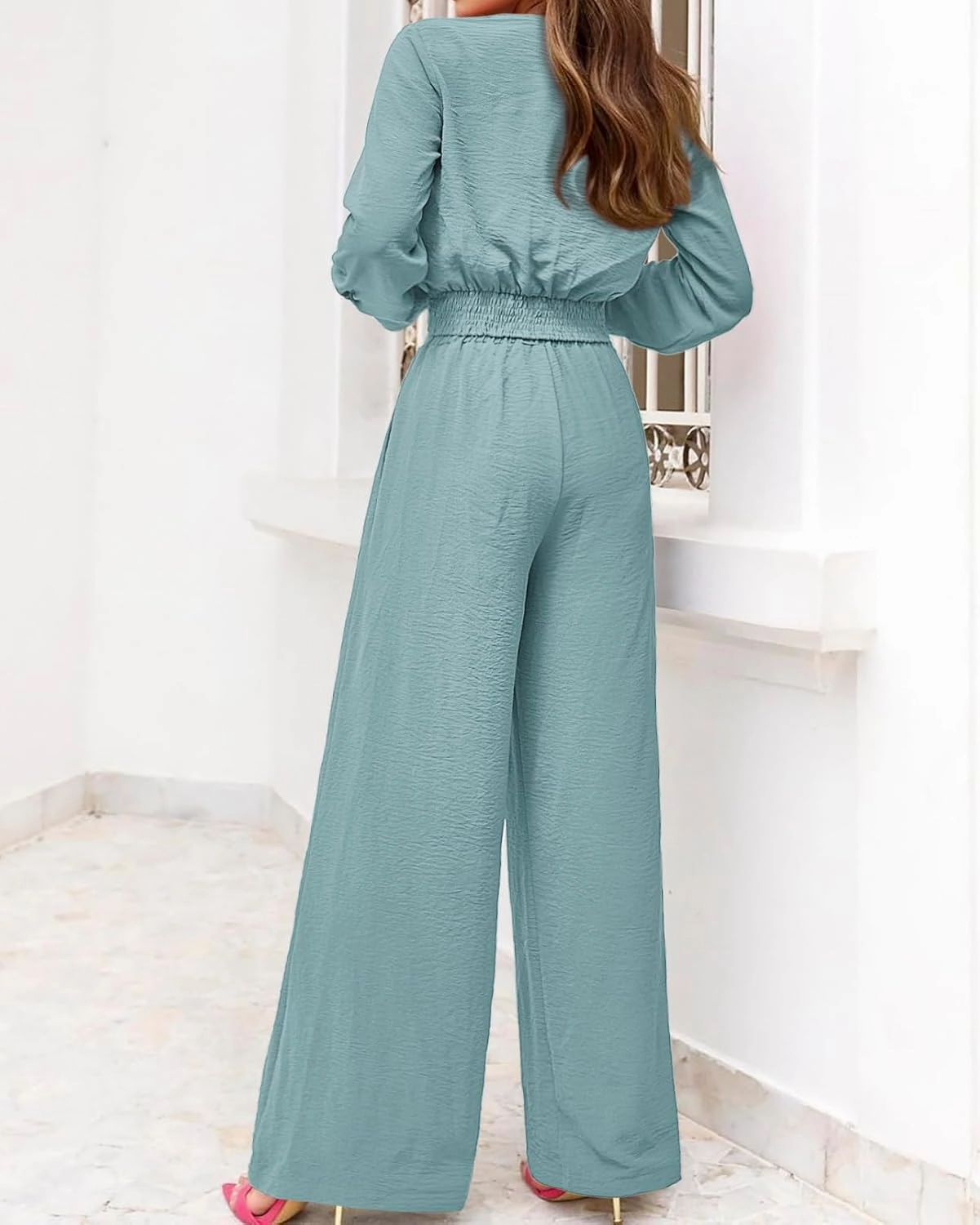 PRETTYGARDEN Women's 2 Piece Outfits 2025 Spring Casual V Neck Long Sleeve Strappy Crop Top Wide Leg Palazzo Pant Sets