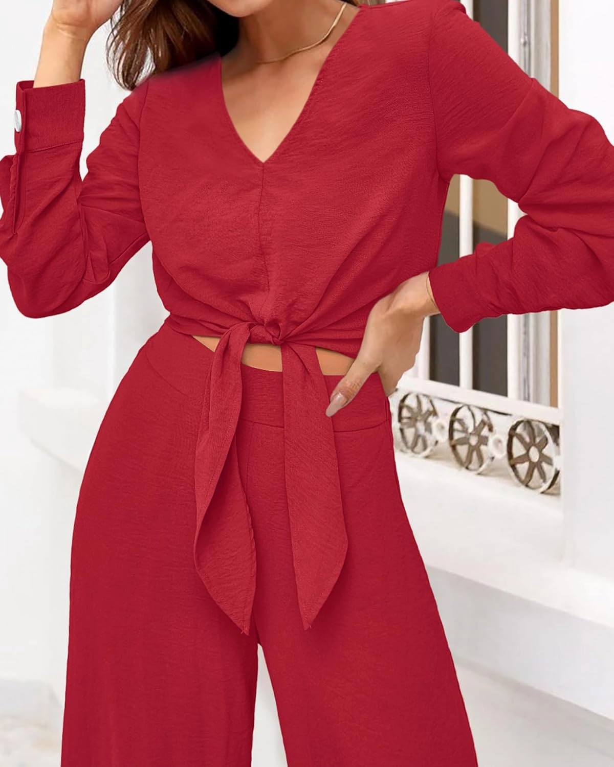 PRETTYGARDEN Women's 2 Piece Outfits 2025 Spring Casual V Neck Long Sleeve Strappy Crop Top Wide Leg Palazzo Pant Sets