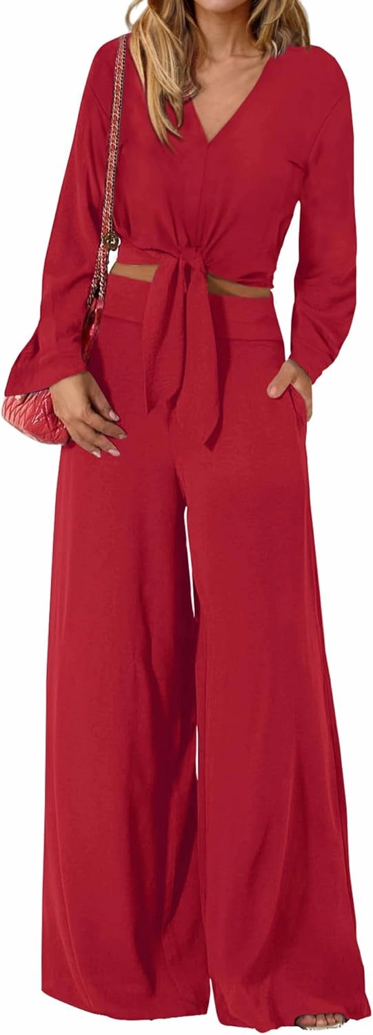 PRETTYGARDEN Women's 2 Piece Outfits 2025 Spring Casual V Neck Long Sleeve Strappy Crop Top Wide Leg Palazzo Pant Sets