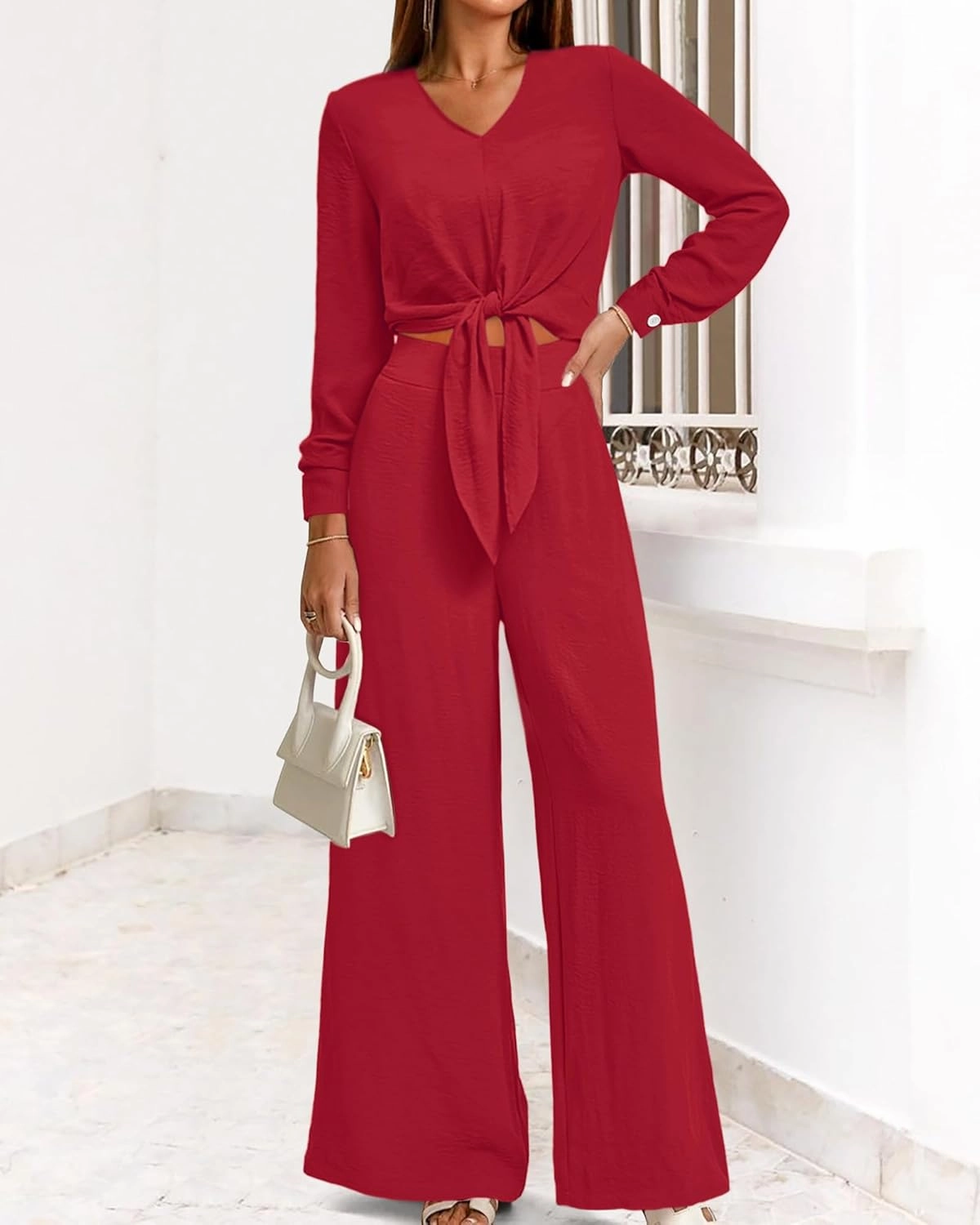 PRETTYGARDEN Women's 2 Piece Outfits 2025 Spring Casual V Neck Long Sleeve Strappy Crop Top Wide Leg Palazzo Pant Sets