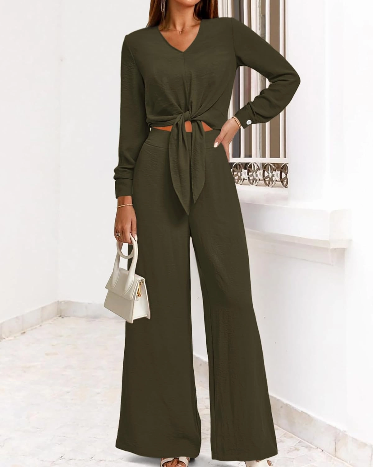 PRETTYGARDEN Women's 2 Piece Outfits 2025 Spring Casual V Neck Long Sleeve Strappy Crop Top Wide Leg Palazzo Pant Sets