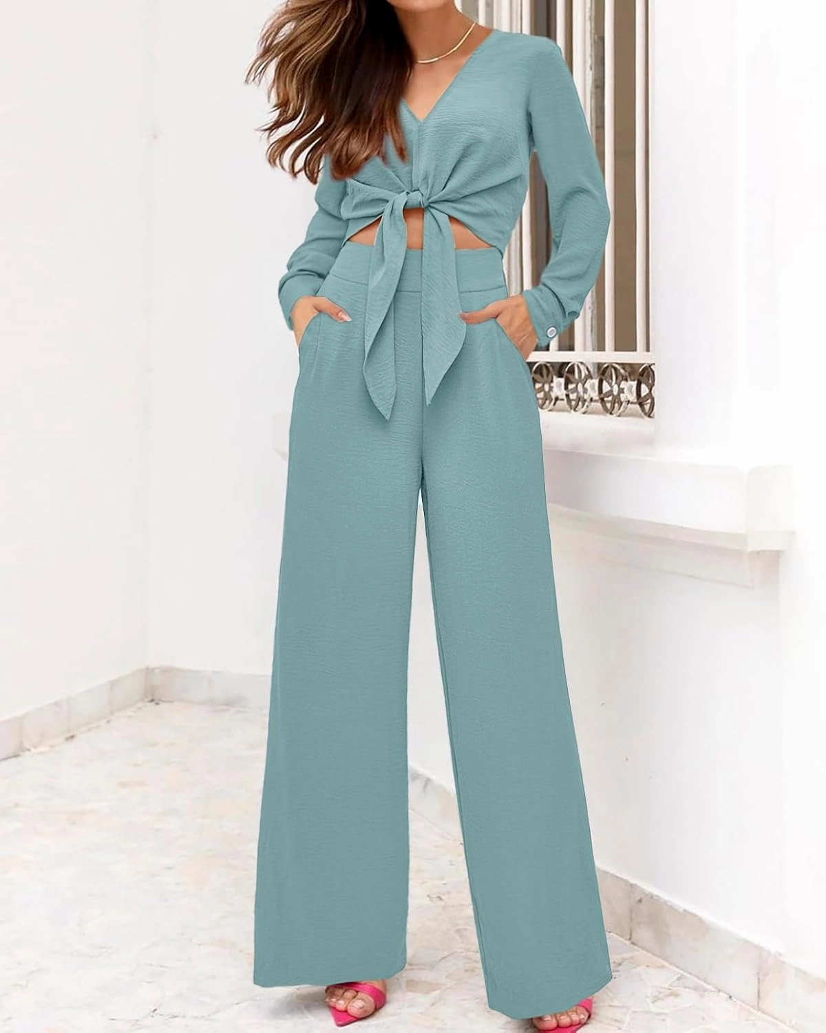 PRETTYGARDEN Women's 2 Piece Outfits 2025 Spring Casual V Neck Long Sleeve Strappy Crop Top Wide Leg Palazzo Pant Sets