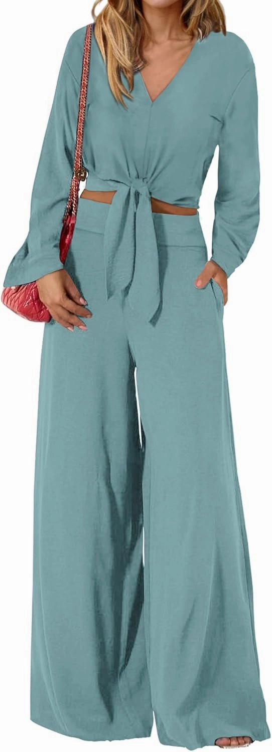 PRETTYGARDEN Women's 2 Piece Outfits 2025 Spring Casual V Neck Long Sleeve Strappy Crop Top Wide Leg Palazzo Pant Sets