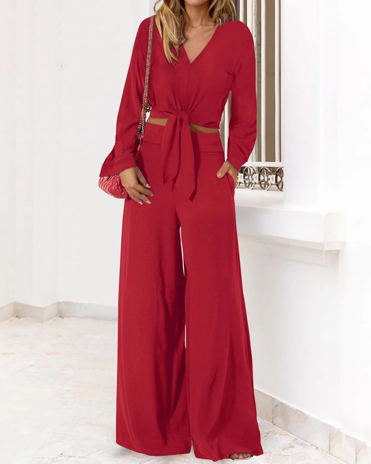 PRETTYGARDEN Women's 2 Piece Outfits 2025 Spring Casual V Neck Long Sleeve Strappy Crop Top Wide Leg Palazzo Pant Sets
