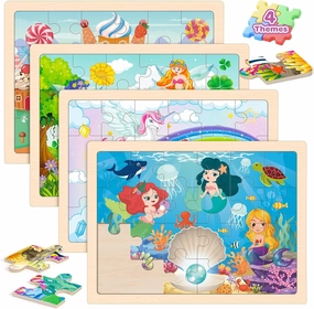 Princess Unicorn Mermaid Fairy Puzzles for Kids Ages 4-6, 4 Packs Wooden Jigsaw Puzzles for Toddlers Girls 2-4, Preschool Educational Puzzles Boards Toys Gifts for Girls Boys 3 4 5 6