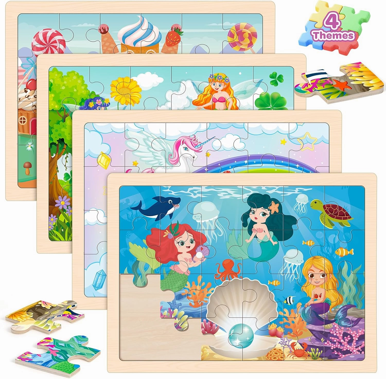 Princess Unicorn Mermaid Fairy Puzzles for Kids Ages 4-6, 4 Packs Wooden Jigsaw Puzzles for Toddlers Girls 2-4, Preschool Educational Puzzles Boards Toys Gifts for Girls Boys 3 4 5 6