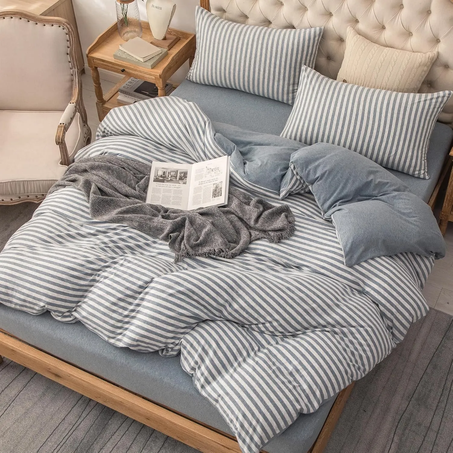 PURE ERA Jersey Knit Duvet Cover Set 100% T-Shirt Heather Cotton Super Soft Comfy Classic Striped Design, with Zipper Closure, Heather Blueish Grey Stripe, King