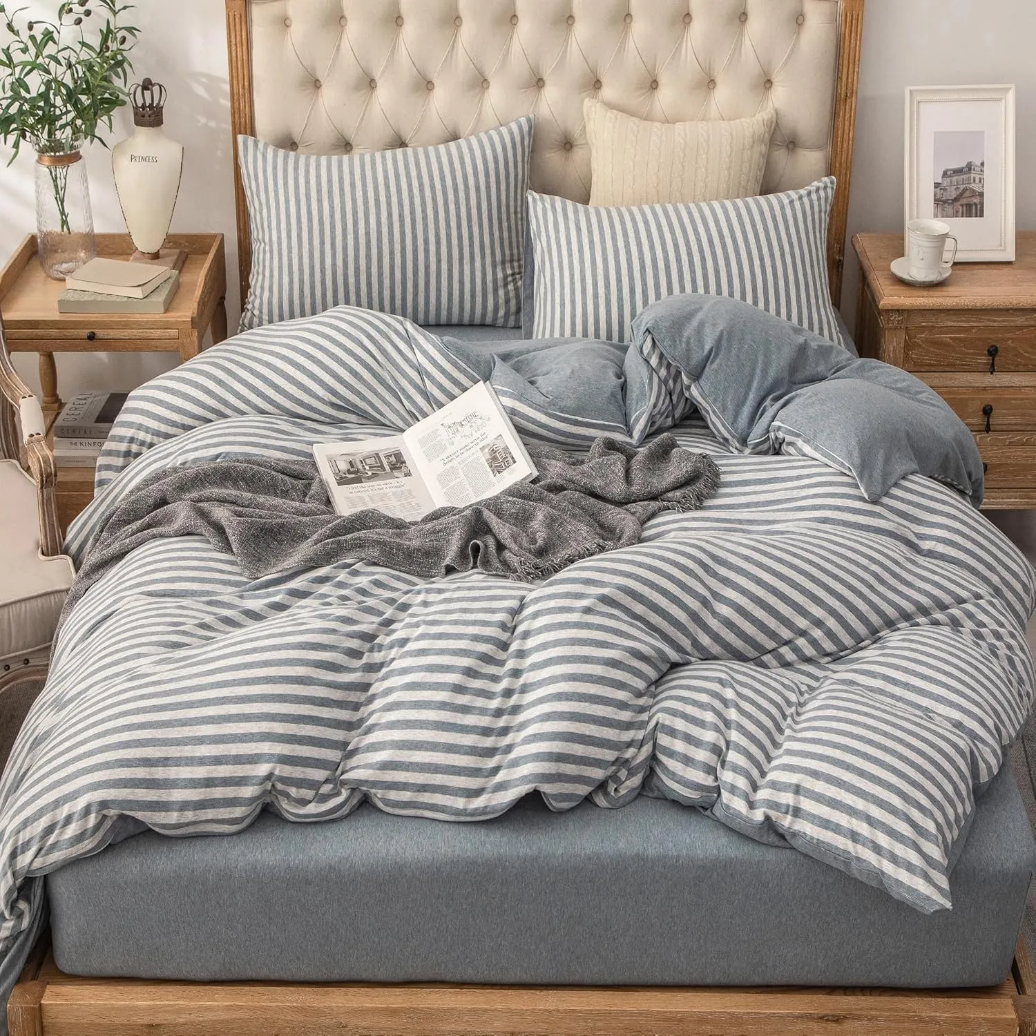 PURE ERA Jersey Knit Duvet Cover Set 100% T-Shirt Heather Cotton Super Soft Comfy Classic Striped Design, with Zipper Closure, Heather Blueish Grey Stripe, King
