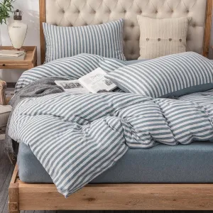PURE ERA Jersey Knit Duvet Cover Set 100% T-Shirt Heather Cotton Super Soft Comfy Classic Striped Design, with Zipper Closure, Heather Blueish Grey Stripe, King