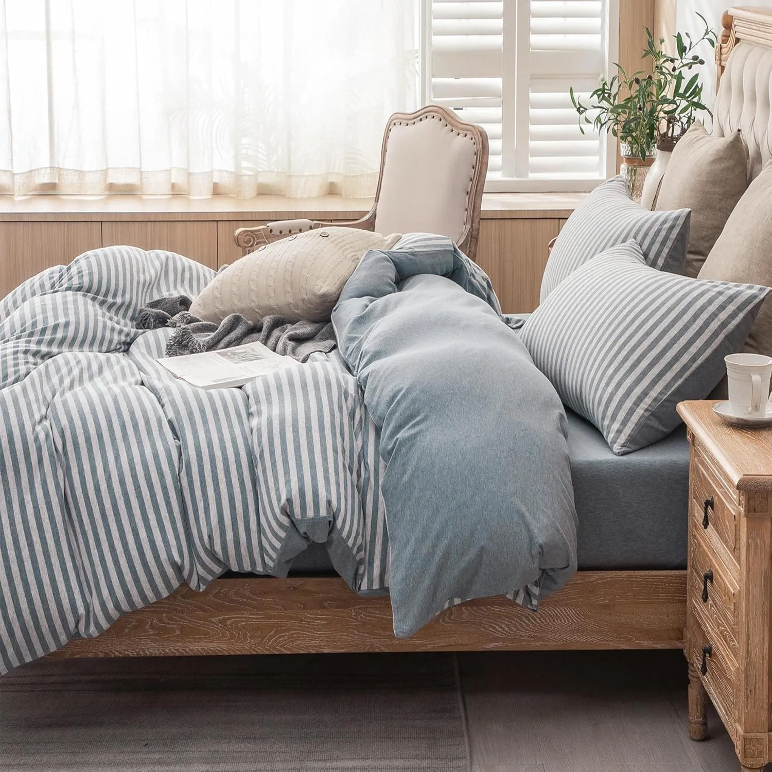 PURE ERA Jersey Knit Duvet Cover Set 100% T-Shirt Heather Cotton Super Soft Comfy Classic Striped Design, with Zipper Closure, Heather Blueish Grey Stripe, King