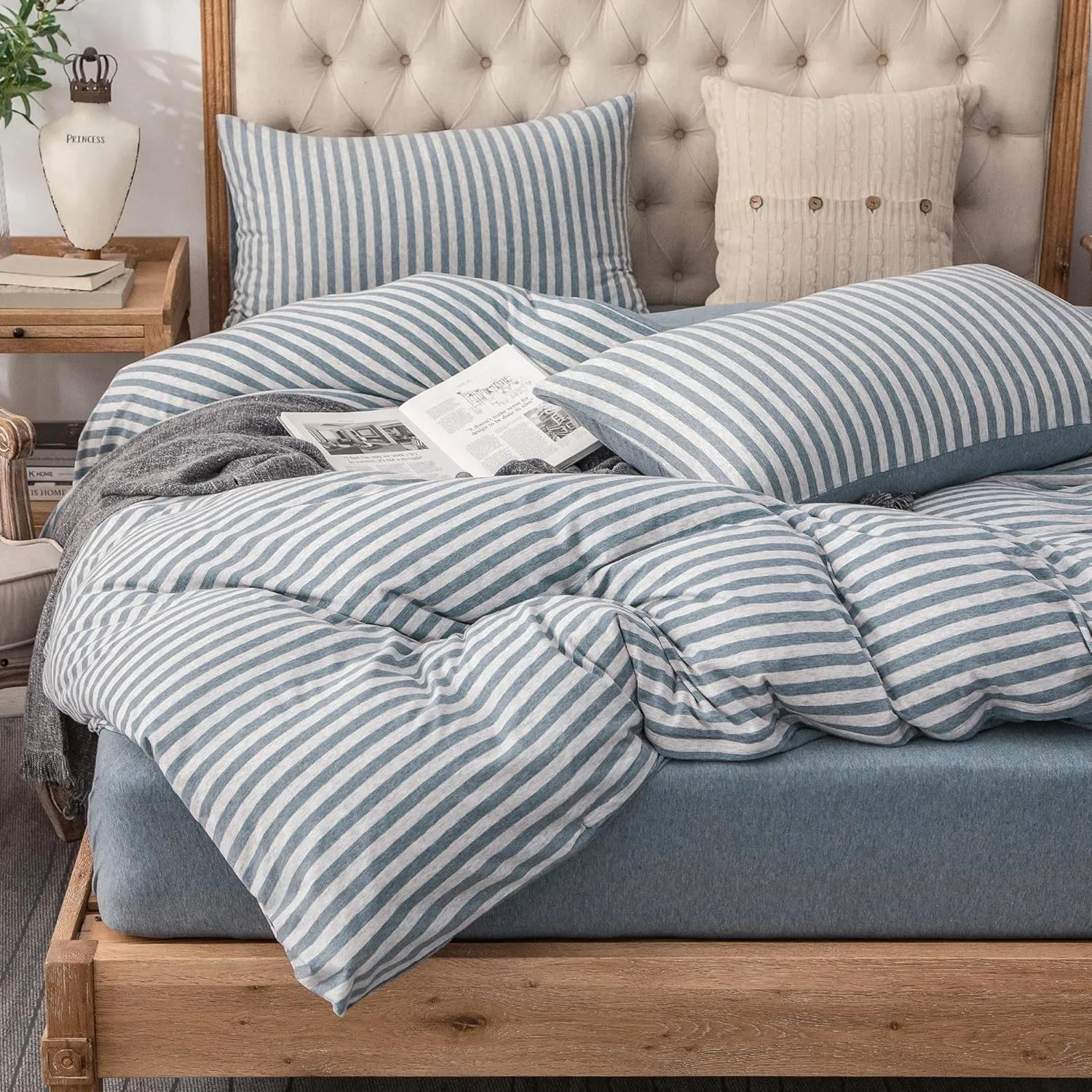 PURE ERA Jersey Knit Duvet Cover Set 100% T-Shirt Heather Cotton Super Soft Comfy Classic Striped Design, with Zipper Closure, Heather Blueish Grey Stripe, King