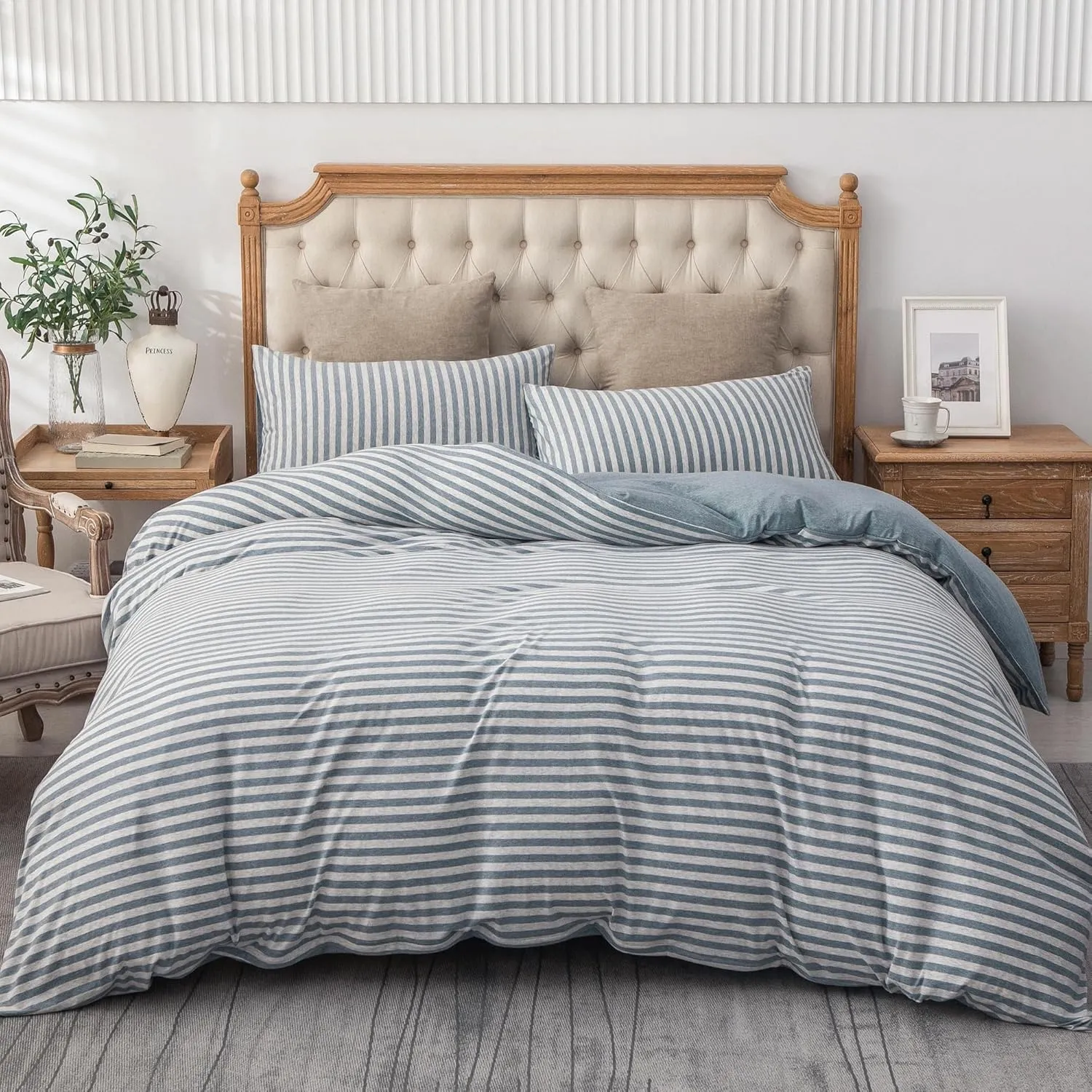 PURE ERA Jersey Knit Duvet Cover Set 100% T-Shirt Heather Cotton Super Soft Comfy Classic Striped Design, with Zipper Closure, Heather Blueish Grey Stripe, King