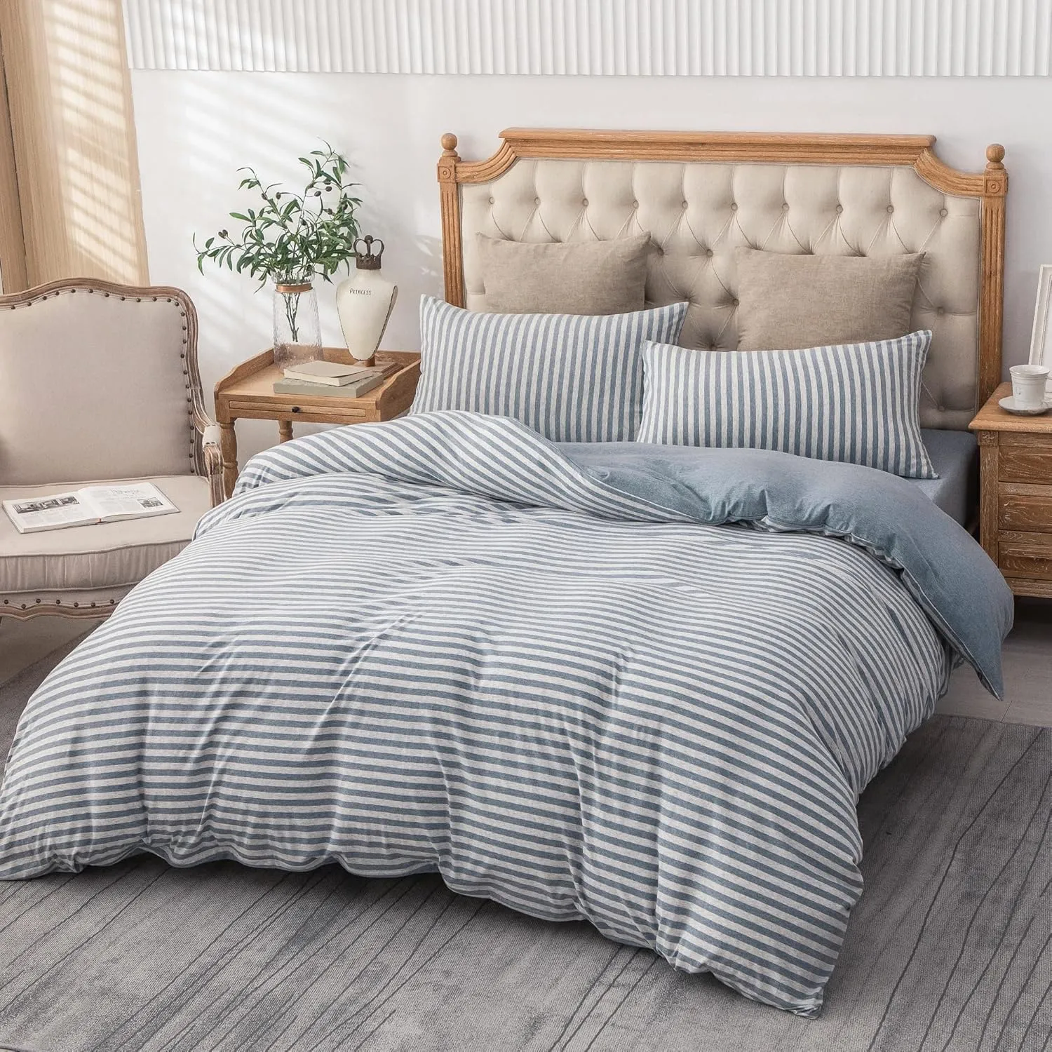 PURE ERA Jersey Knit Duvet Cover Set 100% T-Shirt Heather Cotton Super Soft Comfy Classic Striped Design, with Zipper Closure, Heather Blueish Grey Stripe, King