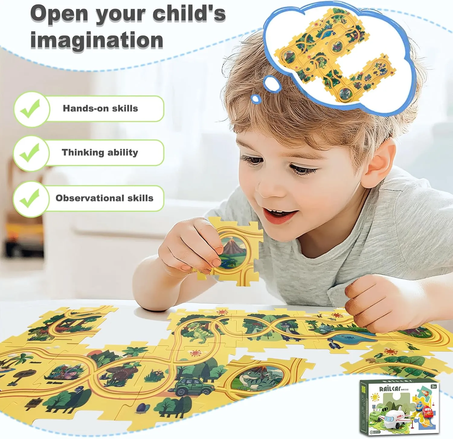 Puzzle Track Car Play Set 25PCS Racer Kids Car Track Set, Dinosaur-Themed Puzzles, Educational Montessori Toys for 3-6 Year Old Boys & Girls