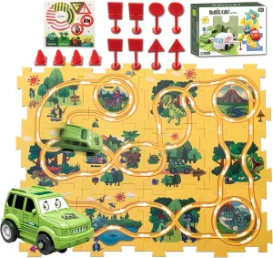 Puzzle Track Car Play Set 25PCS Racer Kids Car Track Set, Dinosaur-Themed Puzzles, Educational Montessori Toys for 3-6 Year Old Boys & Girls