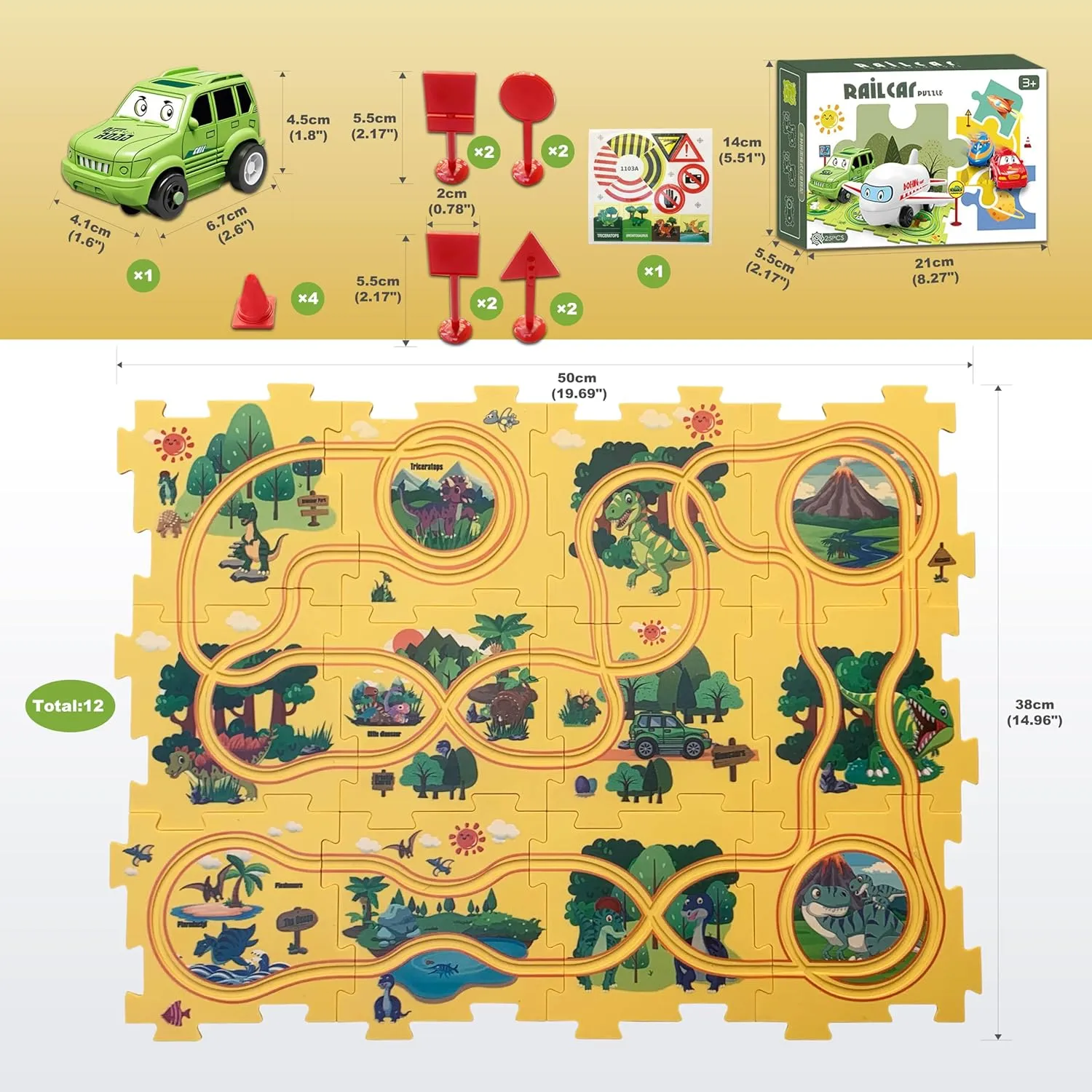 Puzzle Track Car Play Set 25PCS Racer Kids Car Track Set, Dinosaur-Themed Puzzles, Educational Montessori Toys for 3-6 Year Old Boys & Girls