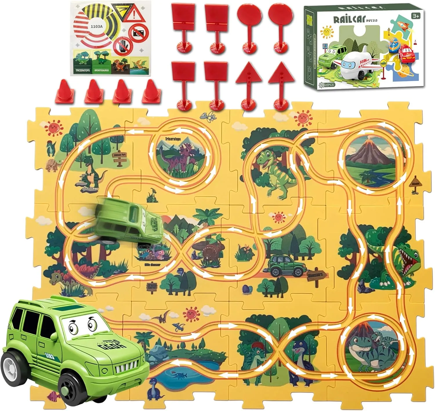Puzzle Track Car Play Set 25PCS Racer Kids Car Track Set, Dinosaur-Themed Puzzles, Educational Montessori Toys for 3-6 Year Old Boys & Girls
