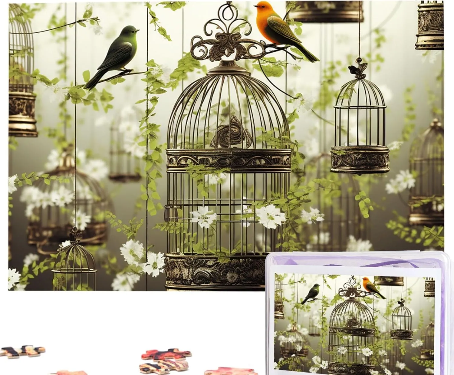 Puzzles 1000 Pieces Personalized Jigsaw Puzzles Birdcages and Birds Photo Puzzle Challenging Picture Puzzle for Adults Personaliz Jigsaw with Storage Bag (29.5" x 19.7")