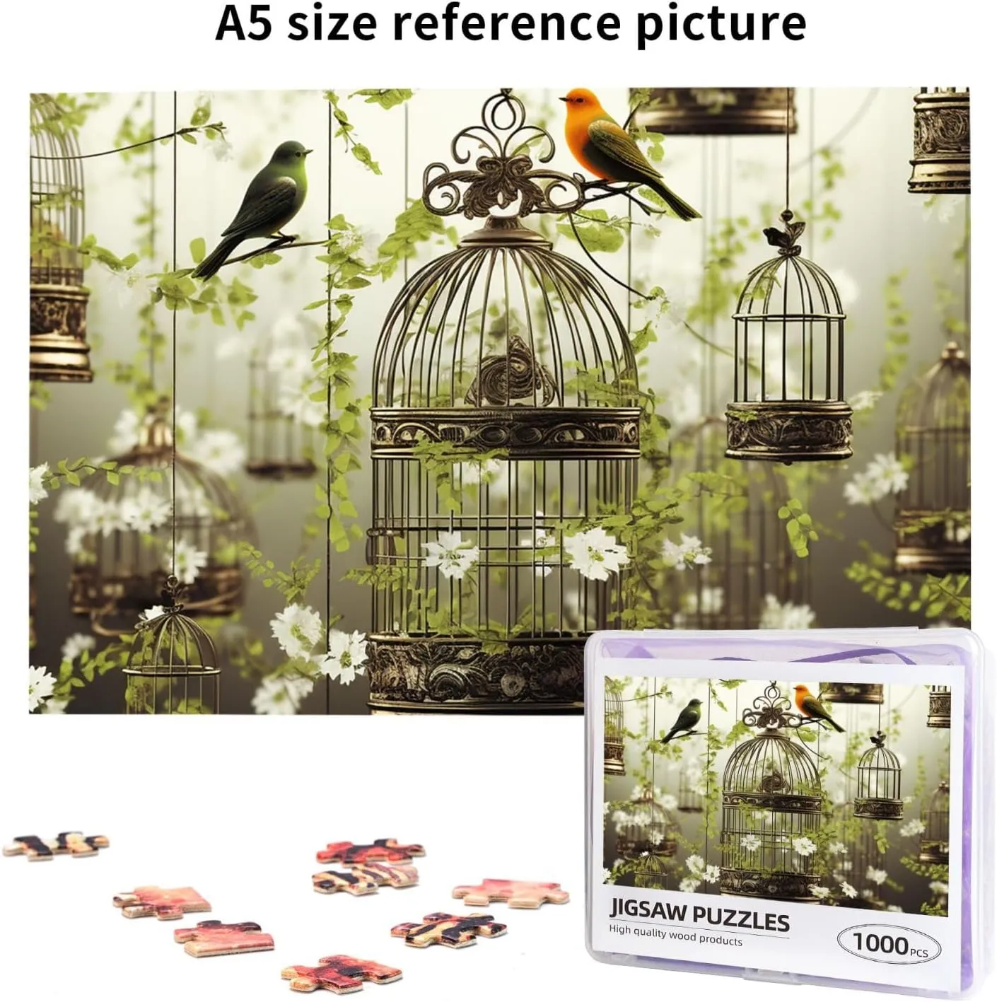 Puzzles 1000 Pieces Personalized Jigsaw Puzzles Birdcages and Birds Photo Puzzle Challenging Picture Puzzle for Adults Personaliz Jigsaw with Storage Bag (29.5" x 19.7")
