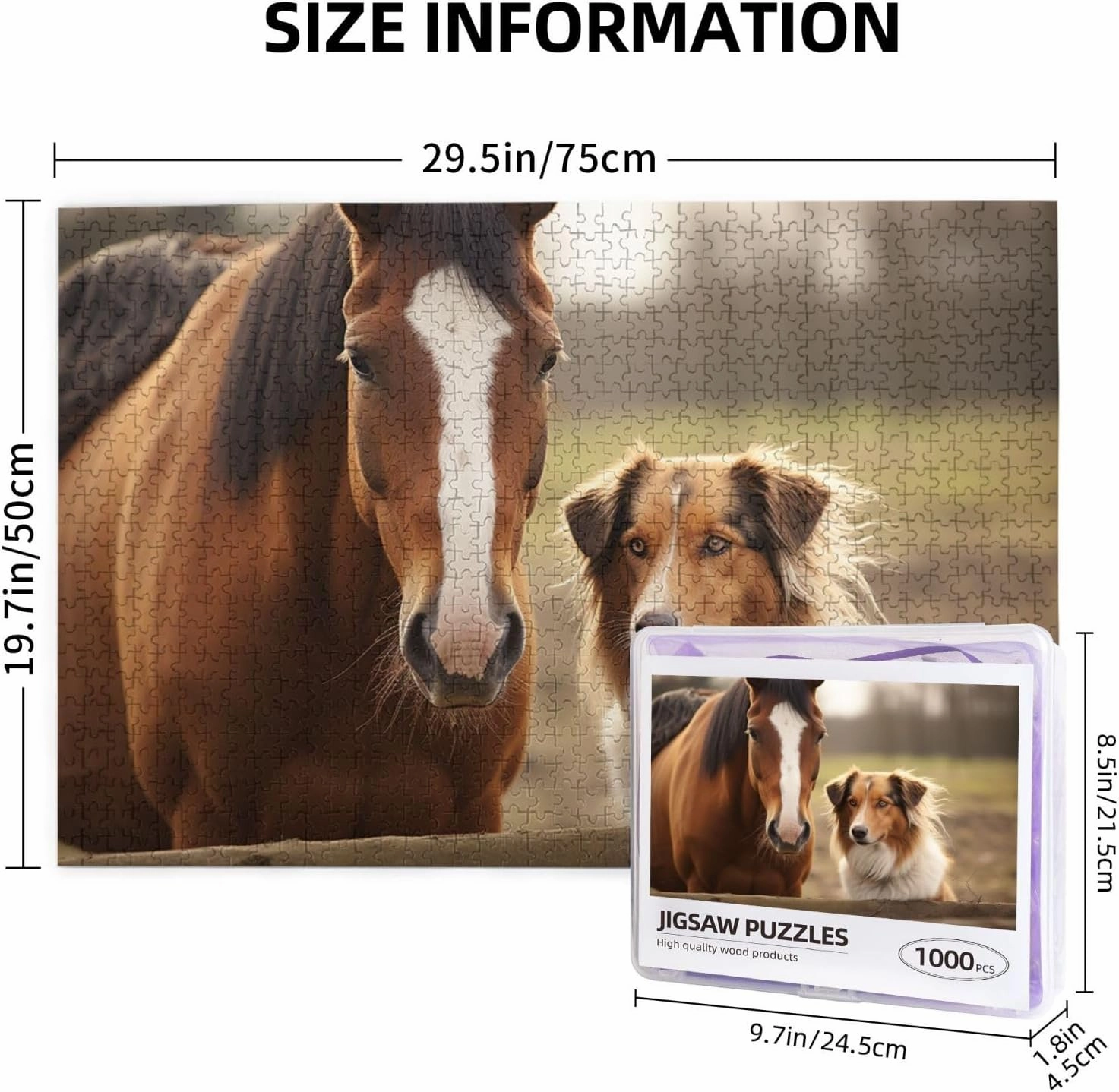 Puzzles 1000 Pieces Personalized Jigsaw Puzzles Collie Dog Horse Photo Puzzle Challenging Picture Puzzle for Adults Personaliz Jigsaw with Storage Bag (29.5" x 19.7")