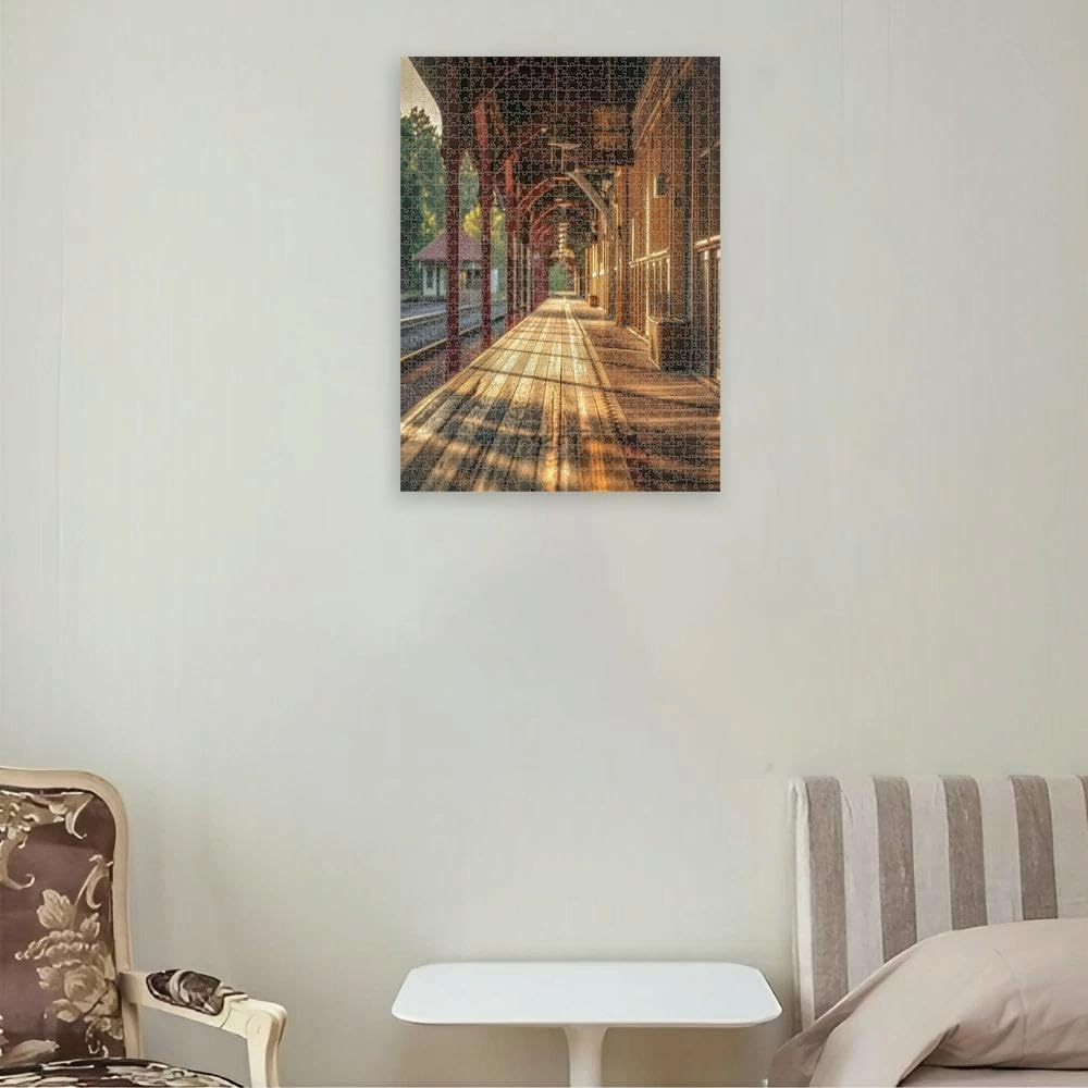 Puzzles for Adults 1000 Pieces Jigsaw Puzzles with Letters on Back Sunset Glow at The Train Station Platform Difficult Hard Cool Puzzle 1000 Piece Puzzle Clearance