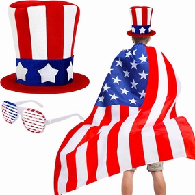 QLINLEAF 4th of July Uncle Sam Hat American USA Flag Cape Costume Accessories for Independence Day Halloween Party