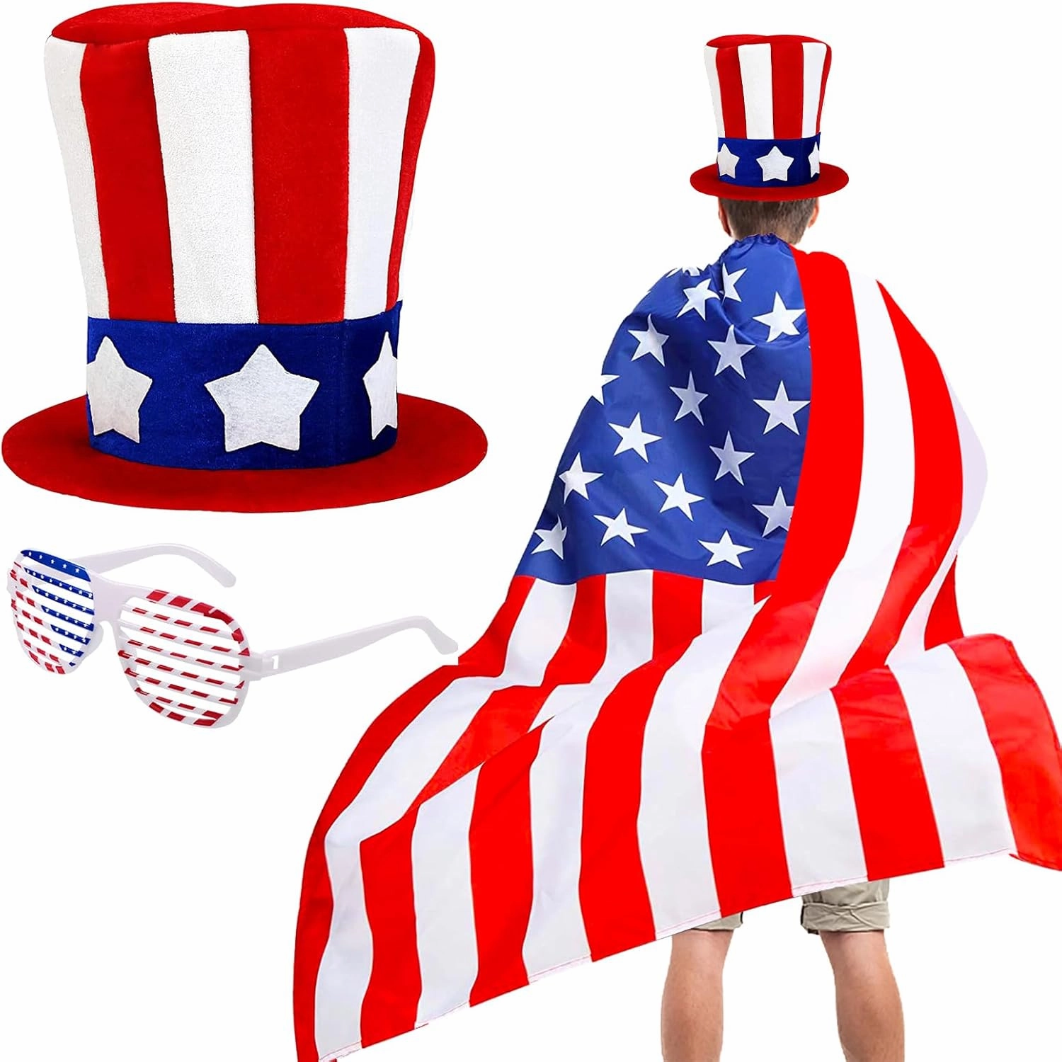 QLINLEAF 4th of July Uncle Sam Hat American USA Flag Cape Costume Accessories for Independence Day Halloween Party