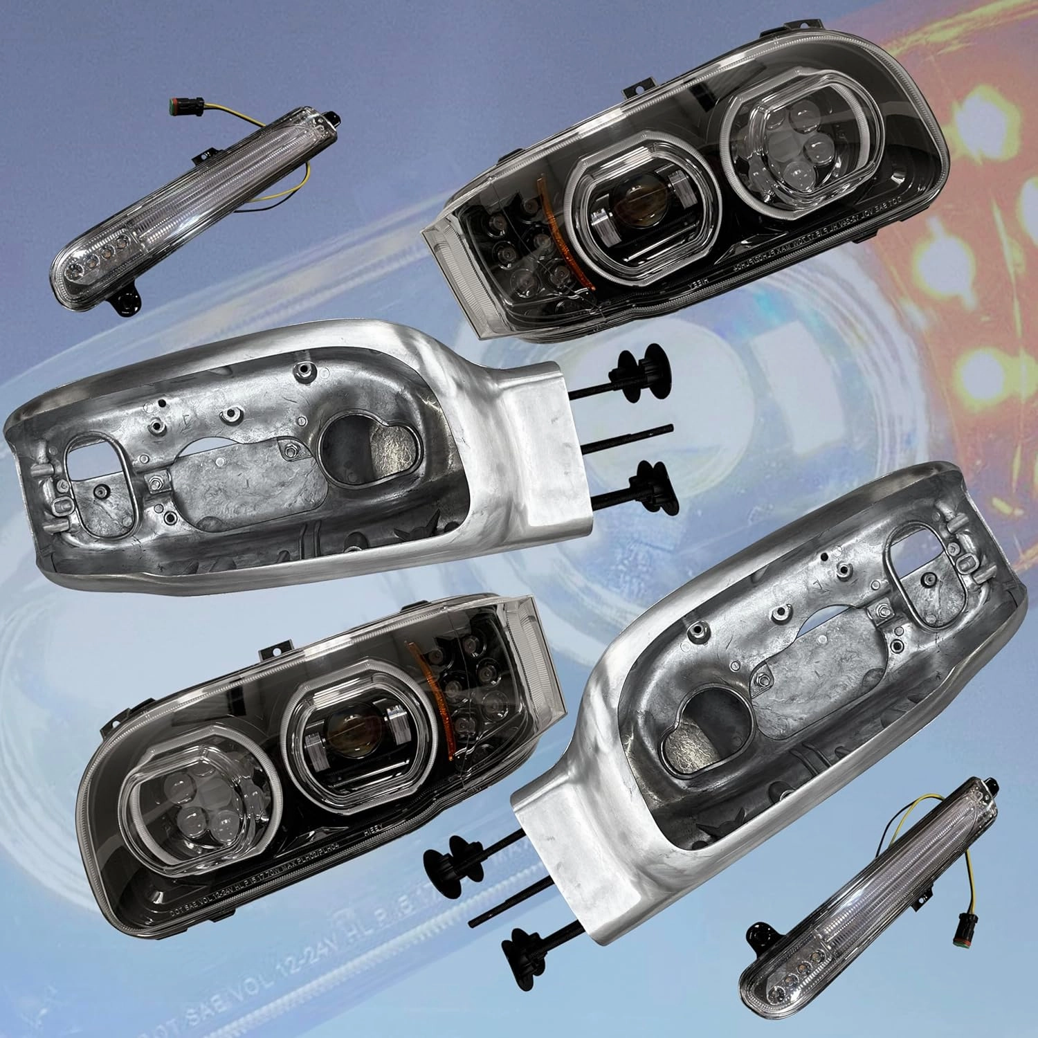 QSC Truck Parts Replacement LED Headlight Pair w/Housing Turn Signals for Peterbilt 388 389