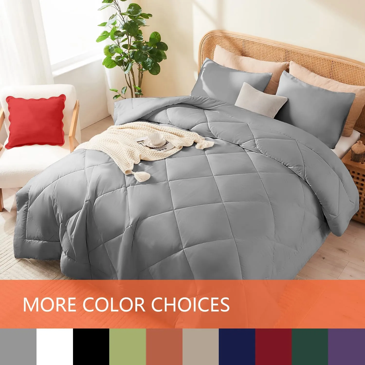 Queen Comforter Set Grey, 3 Pieces Lightweight All Season Solid Bedding Comforters Sets, Down Alternative Comforter Bed Set Quilt Blanket, (90x90In Comforter & 2 Pillowcases),Gray