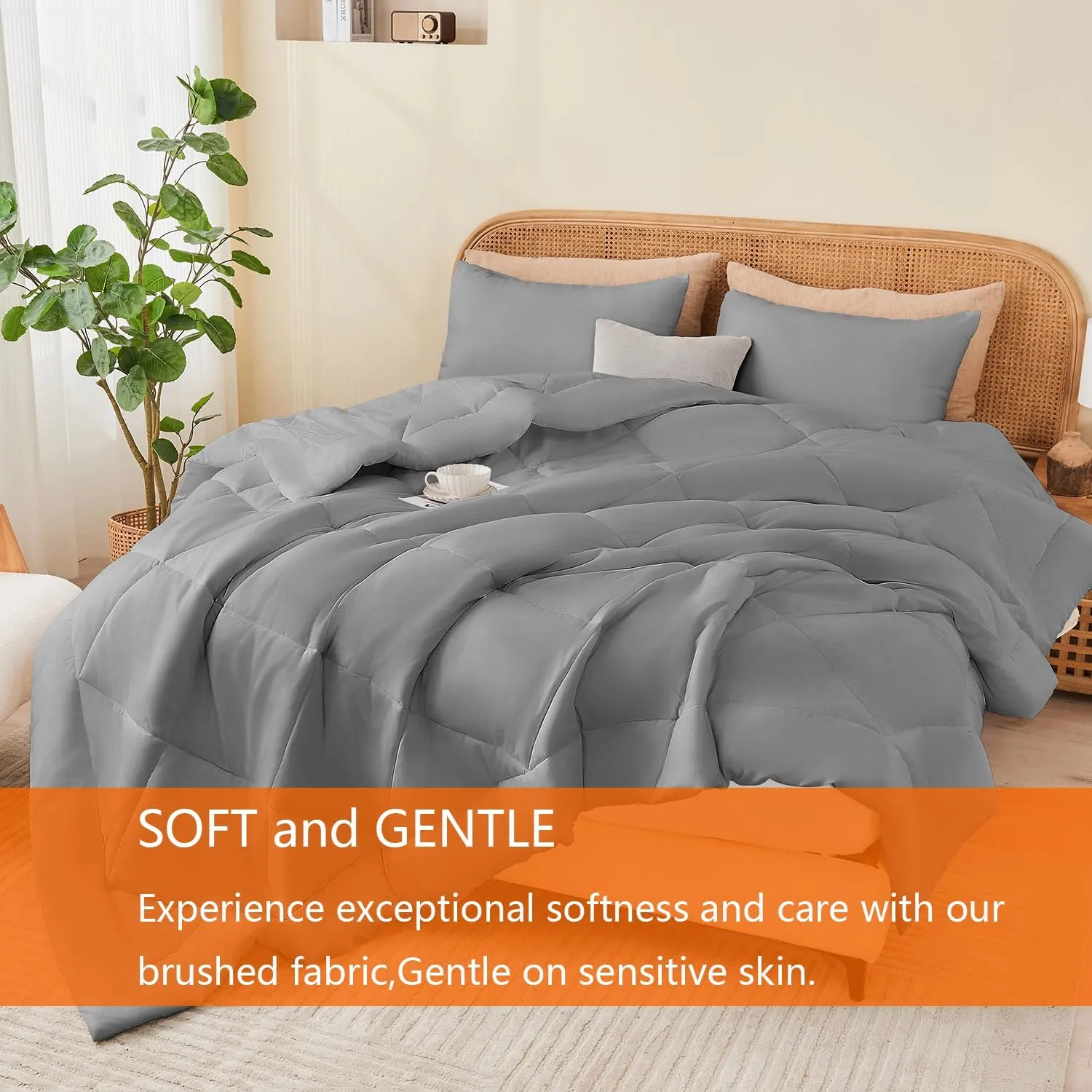 Queen Comforter Set Grey, 3 Pieces Lightweight All Season Solid Bedding Comforters Sets, Down Alternative Comforter Bed Set Quilt Blanket, (90x90In Comforter & 2 Pillowcases),Gray
