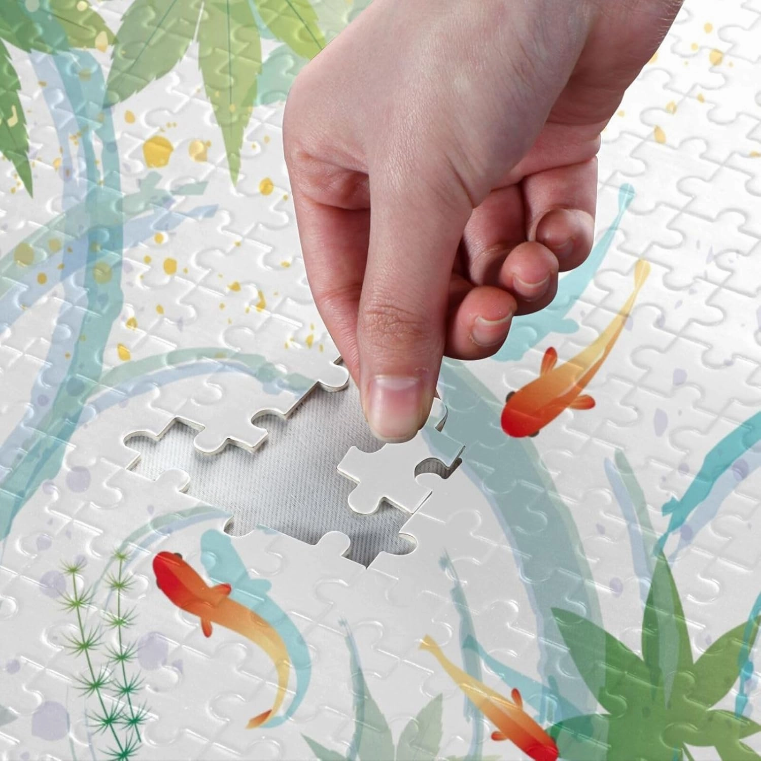 QUGRL Japanese Fish Leaves Jigsaw Puzzle 1000 Pieces for Adults Teens Watercolor Water Pool DIY Wall Art Intellectual Decompressing Educational Fun Game