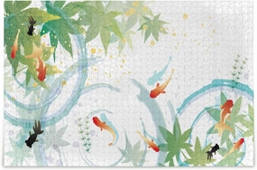 QUGRL Japanese Fish Leaves Jigsaw Puzzle 1000 Pieces for Adults Teens Watercolor Water Pool DIY Wall Art Intellectual Decompressing Educational Fun Game