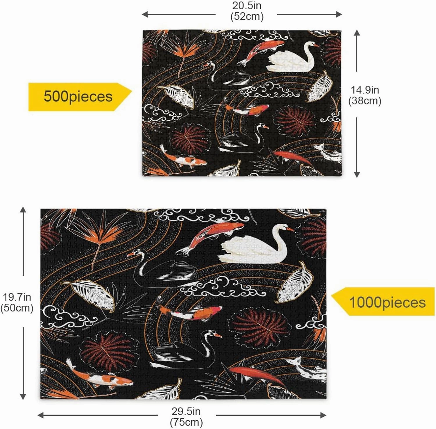 QUGRL Japanese Oriental Animal Jigsaw Puzzle 1000 Pieces for Adults Teens Koi Fish Swan Leaves DIY Wall Art Intellectual Decompressing Educational Fun Game