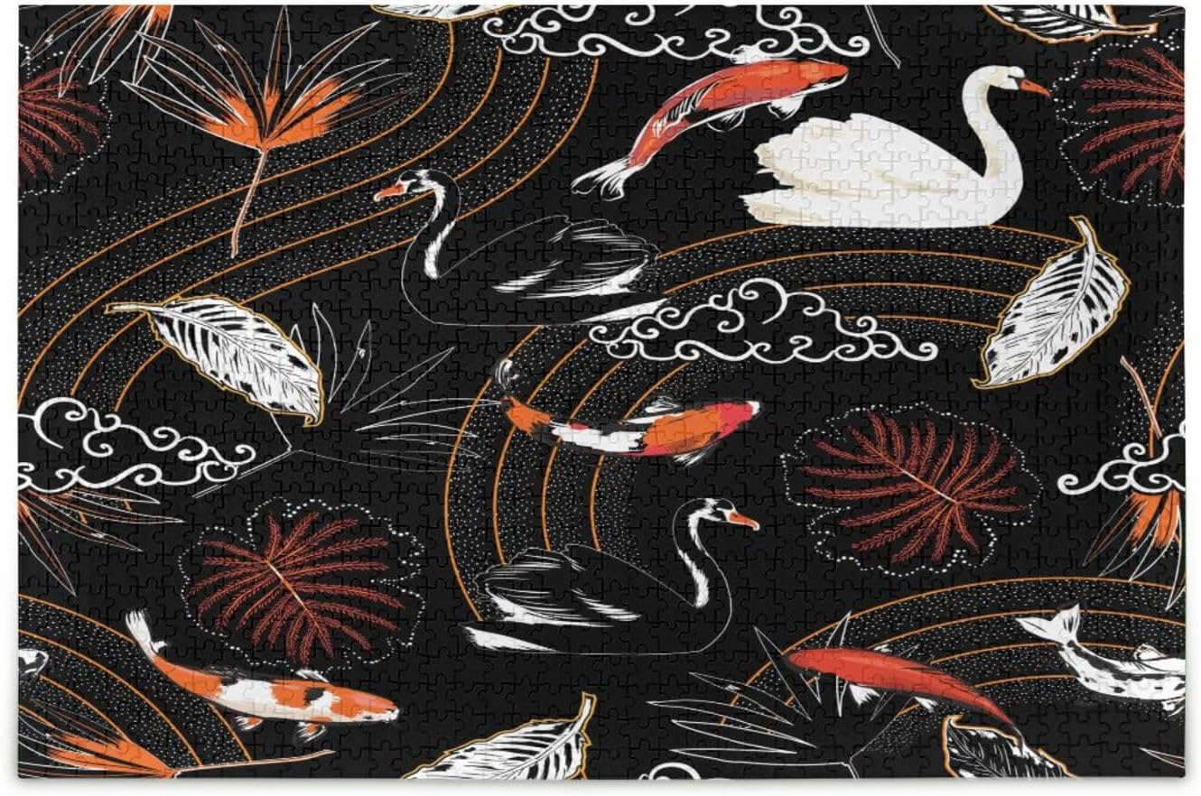 QUGRL Japanese Oriental Animal Jigsaw Puzzle 1000 Pieces for Adults Teens Koi Fish Swan Leaves DIY Wall Art Intellectual Decompressing Educational Fun Game