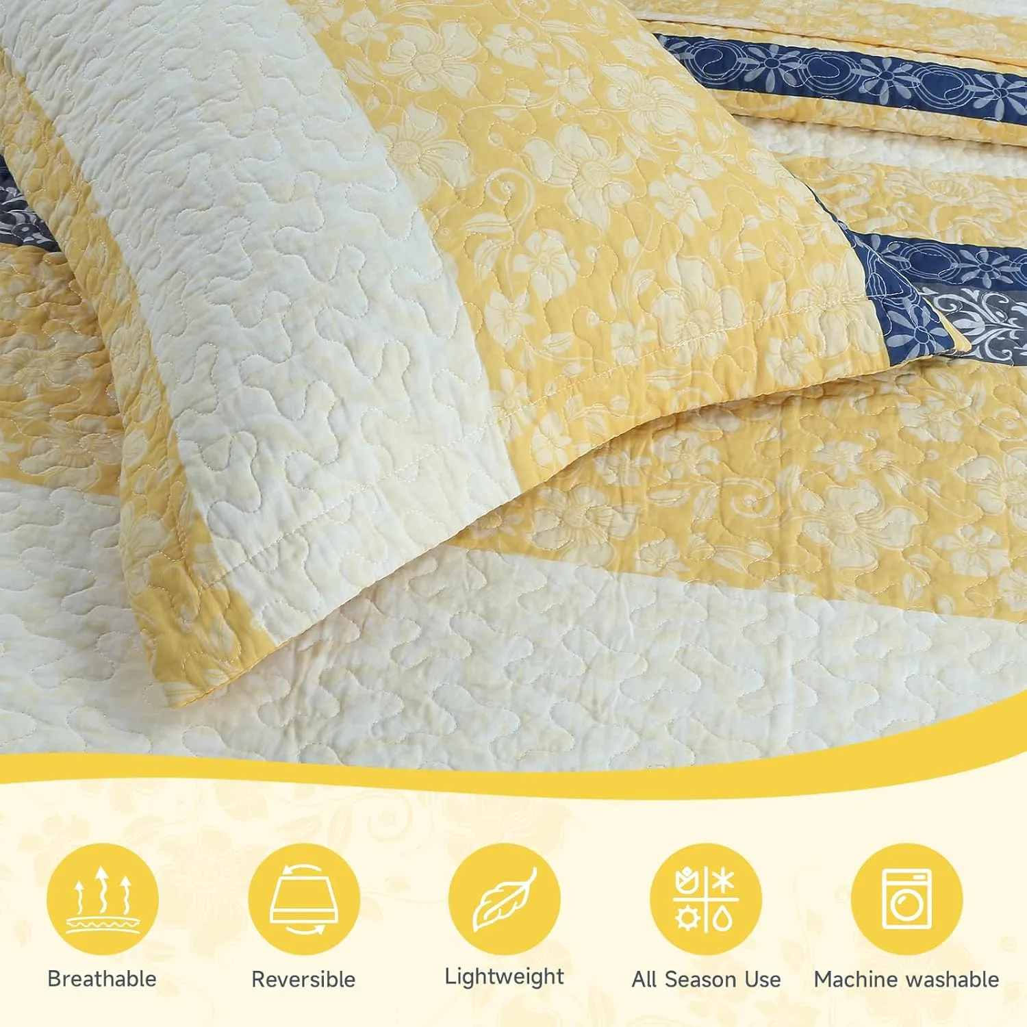 Quilt Set Queen Size - Queen Quilts Bedding Set, 100% Cotton Reversible Luxury Comforter Set, Farmhouse Floral Boho Striped Patchwork Bedspreads Set with Shams for All Season, Yellow
