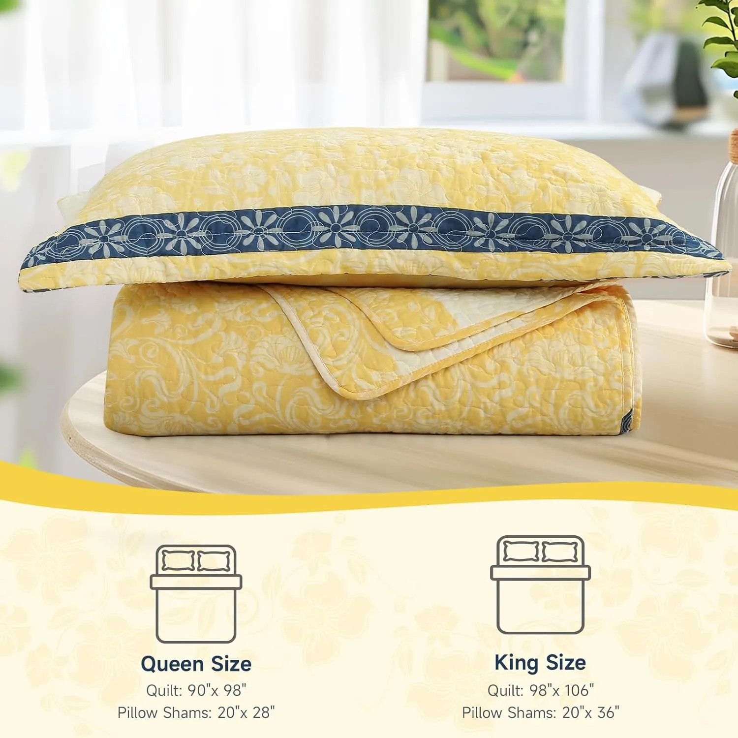 Quilt Set Queen Size - Queen Quilts Bedding Set, 100% Cotton Reversible Luxury Comforter Set, Farmhouse Floral Boho Striped Patchwork Bedspreads Set with Shams for All Season, Yellow