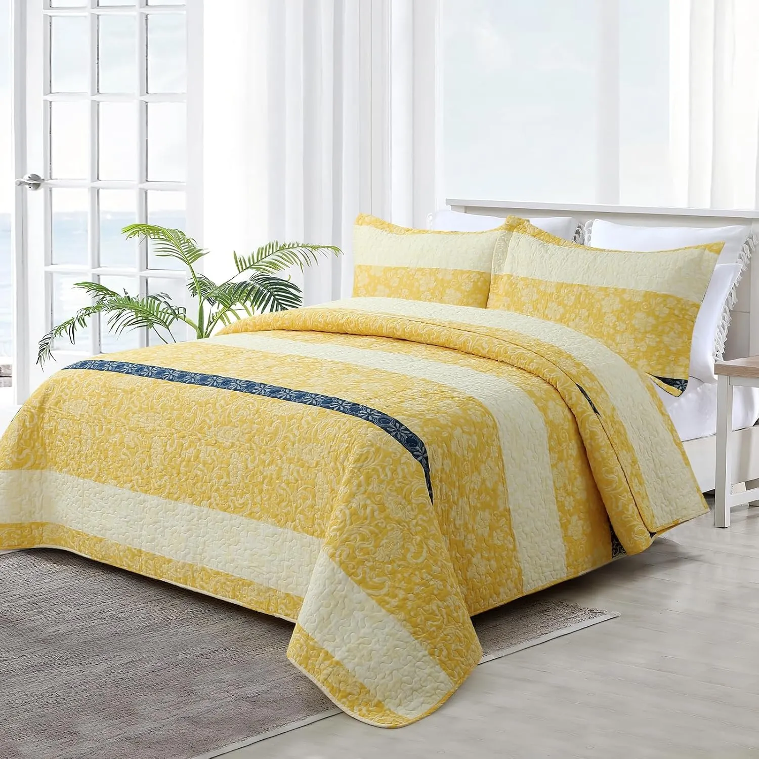 Quilt Set Queen Size - Queen Quilts Bedding Set, 100% Cotton Reversible Luxury Comforter Set, Farmhouse Floral Boho Striped Patchwork Bedspreads Set with Shams for All Season, Yellow