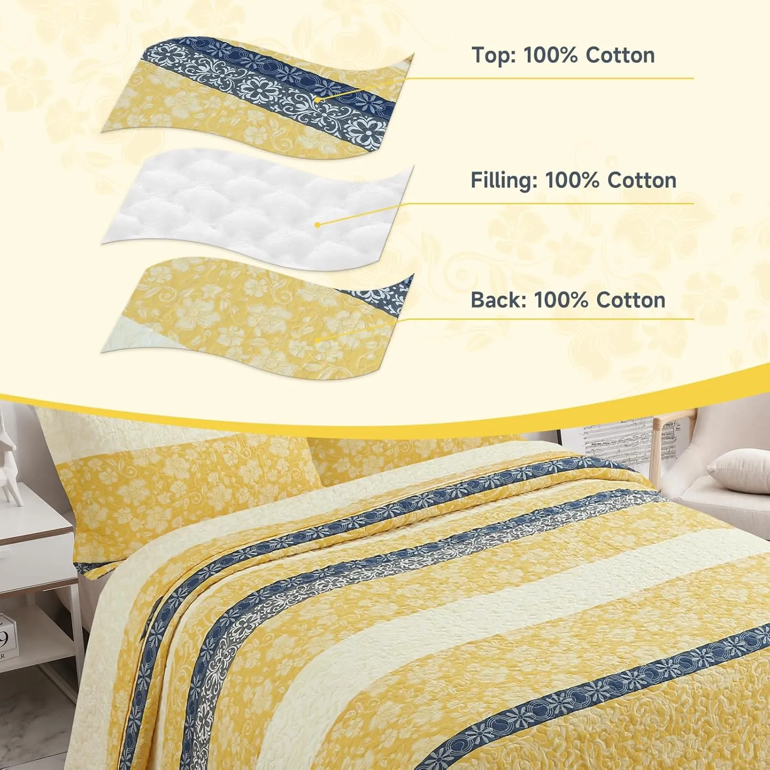 Quilt Set Queen Size - Queen Quilts Bedding Set, 100% Cotton Reversible Luxury Comforter Set, Farmhouse Floral Boho Striped Patchwork Bedspreads Set with Shams for All Season, Yellow