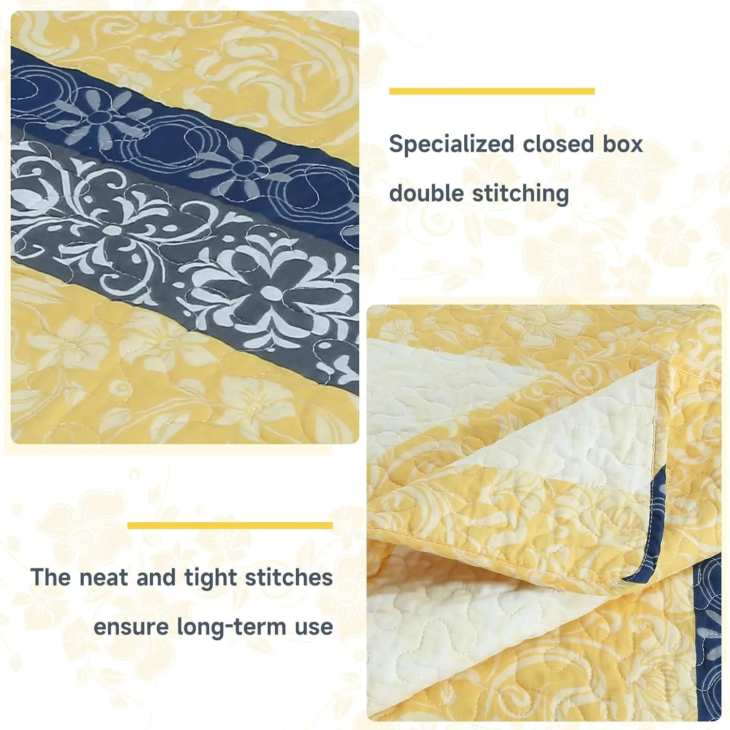 Quilt Set Queen Size - Queen Quilts Bedding Set, 100% Cotton Reversible Luxury Comforter Set, Farmhouse Floral Boho Striped Patchwork Bedspreads Set with Shams for All Season, Yellow