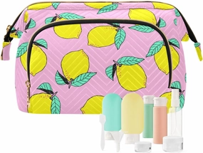 Quilted Cosmetic Bag Fresh Bright Lemons on Pink Wide Open Makeup Organizer Pouch for Women Travel Daily Use