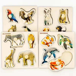 QUOKKA Wooden Puzzles for Toddlers 1-3 – 4 Set Pegged Puzzles for Kids Ages 2-4 – Animal and Birds Learning Toy for Kids – Gift Realistic Educational Game for Boy and Girl