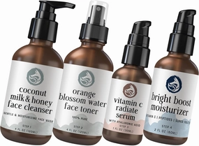 Radiant Skincare Set: Milk & Honey Cleanser, Orange Blossom Toner, Vitamin C Face Serum & Bright Boost Moisturizer